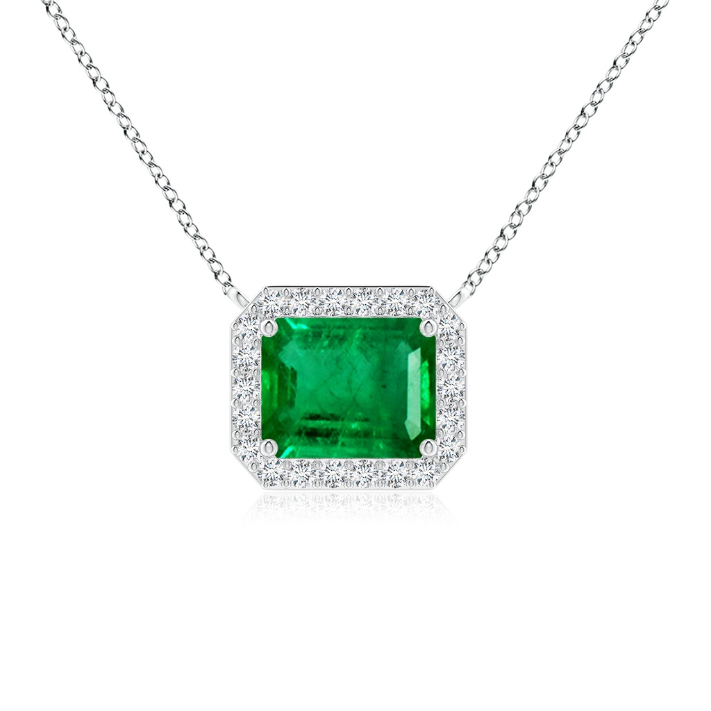 10x8mm AAA Vintage Style East-West Emerald-Cut Emerald Halo Pendant in White Gold
