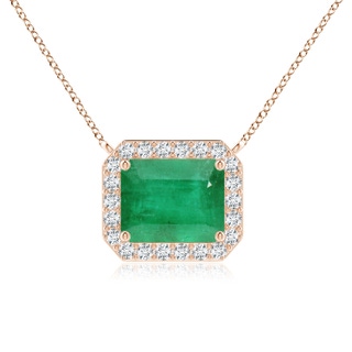 12x10mm A Vintage Style East-West Emerald-Cut Emerald Halo Pendant in 18K Rose Gold