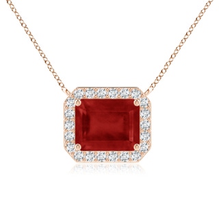 12x10mm AA Vintage Style East-West Emerald-Cut Ruby Halo Pendant in Rose Gold