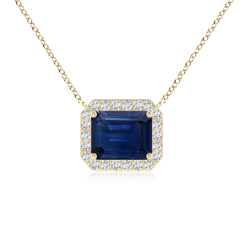 10x8mm AAA Vintage Style East-West Emerald-Cut Blue Sapphire Halo Pendant in Yellow Gold