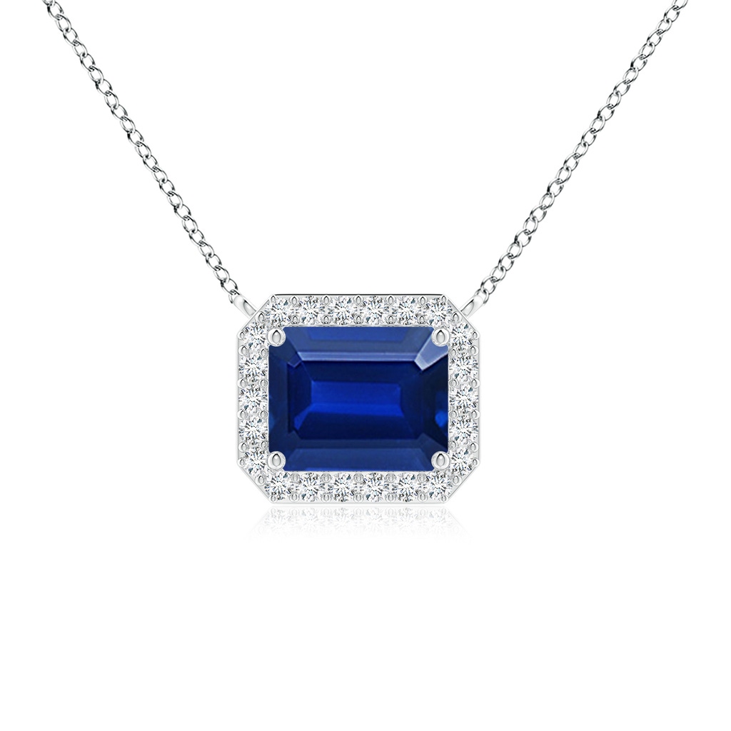10x8mm Lab-Grown Vintage Style East-West Emerald-Cut Blue Sapphire Halo Pendant in White Gold