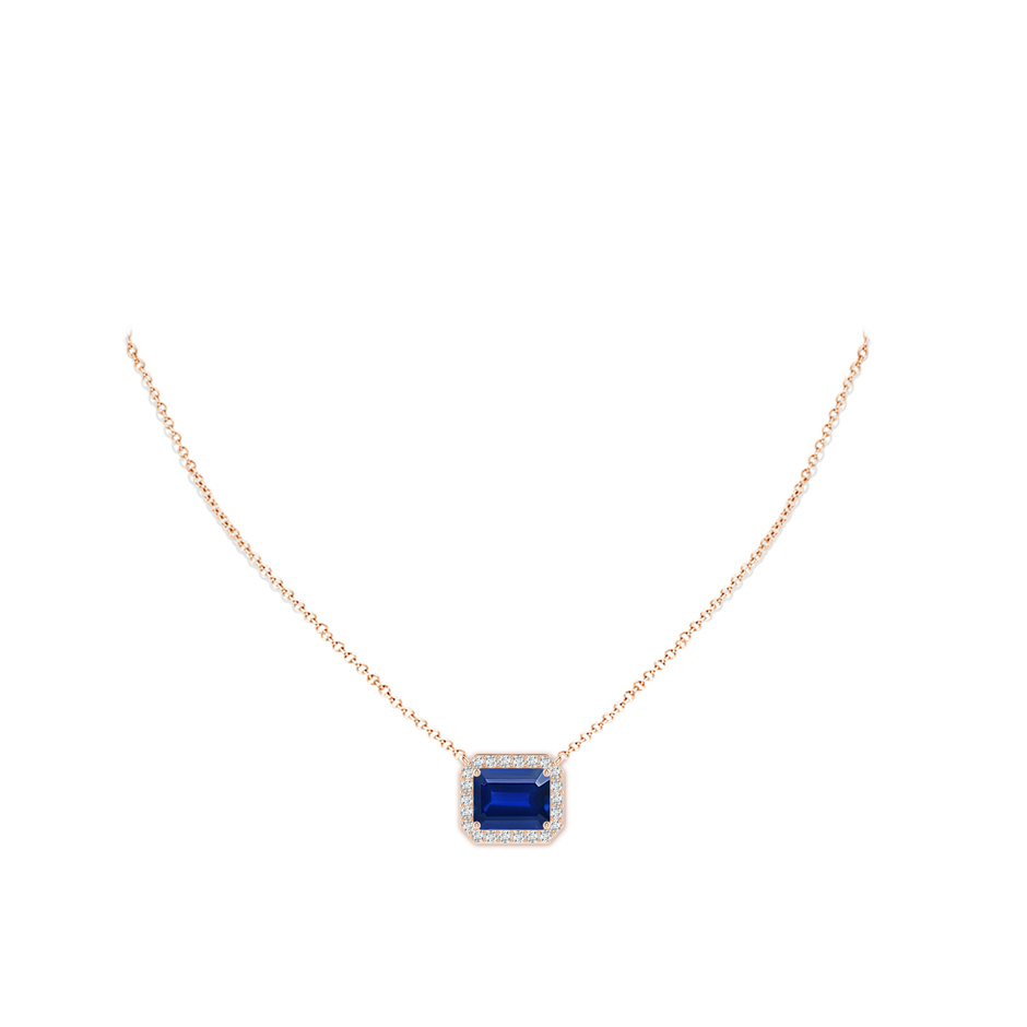 12x10mm Lab-Grown Vintage Style East-West Emerald-Cut Blue Sapphire Halo Pendant in 18K Rose Gold pen