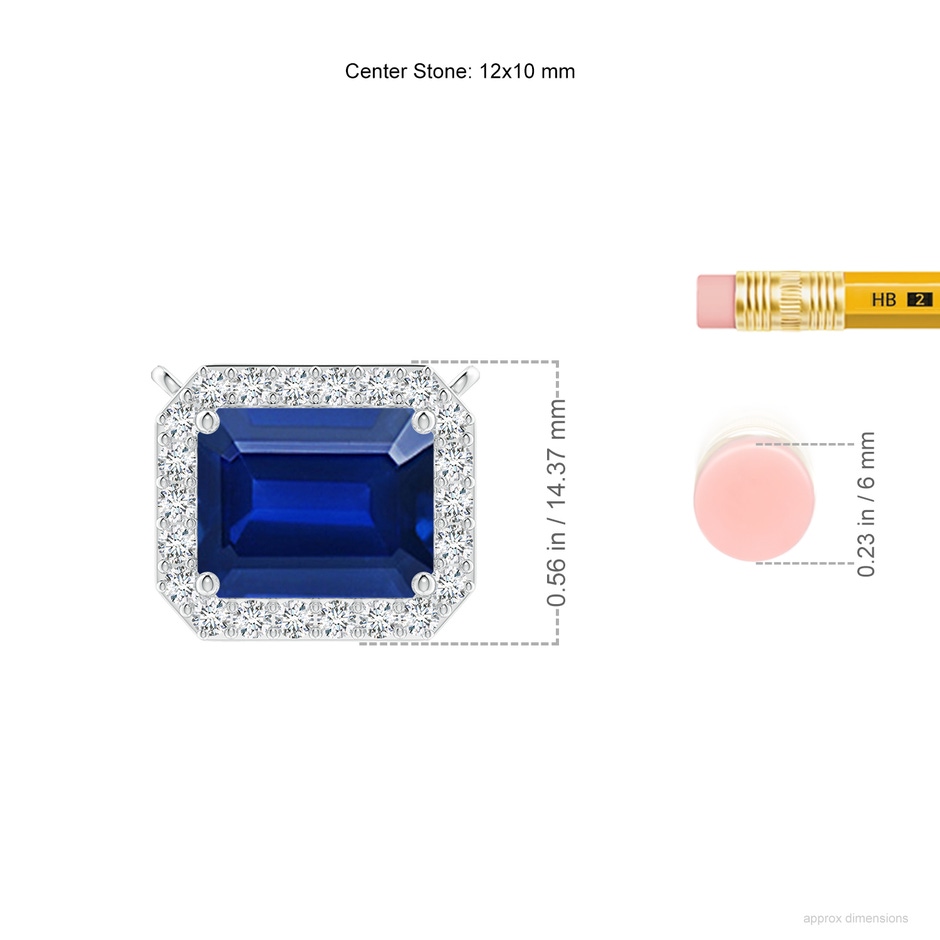 12x10mm Lab-Grown Vintage Style East-West Emerald-Cut Blue Sapphire Halo Pendant in P950 Platinum ruler
