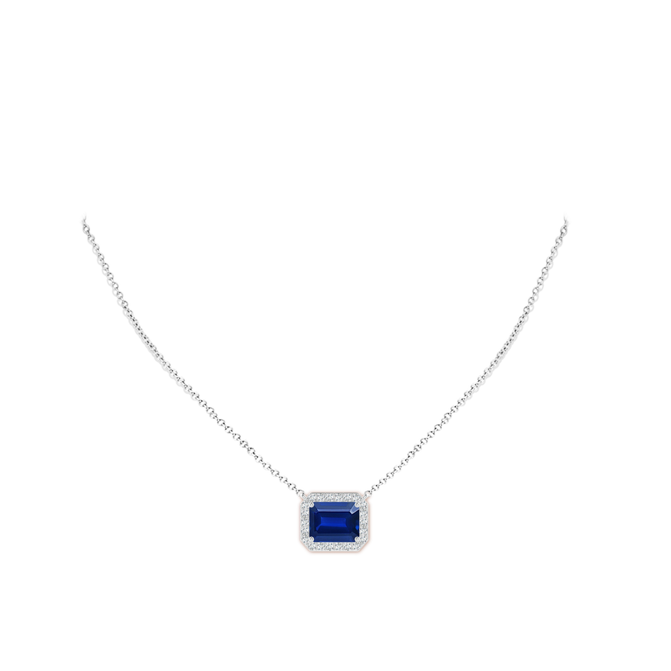 12x10mm Lab-Grown Vintage Style East-West Emerald-Cut Blue Sapphire Halo Pendant in P950 Platinum pen