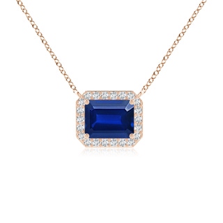 9x7mm AAAA Vintage Style East-West Emerald-Cut Blue Sapphire Halo Pendant in Rose Gold