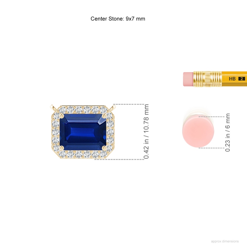 9x7mm Lab-Grown Vintage Style East-West Emerald-Cut Blue Sapphire Halo Pendant in Yellow Gold ruler