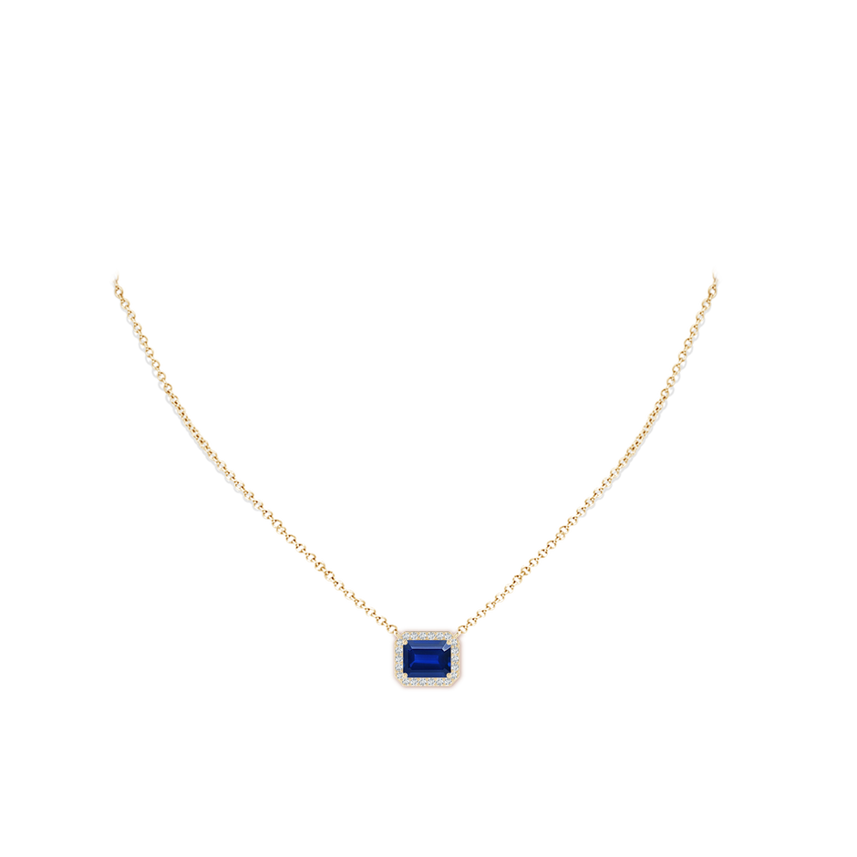 9x7mm Lab-Grown Vintage Style East-West Emerald-Cut Blue Sapphire Halo Pendant in Yellow Gold pen