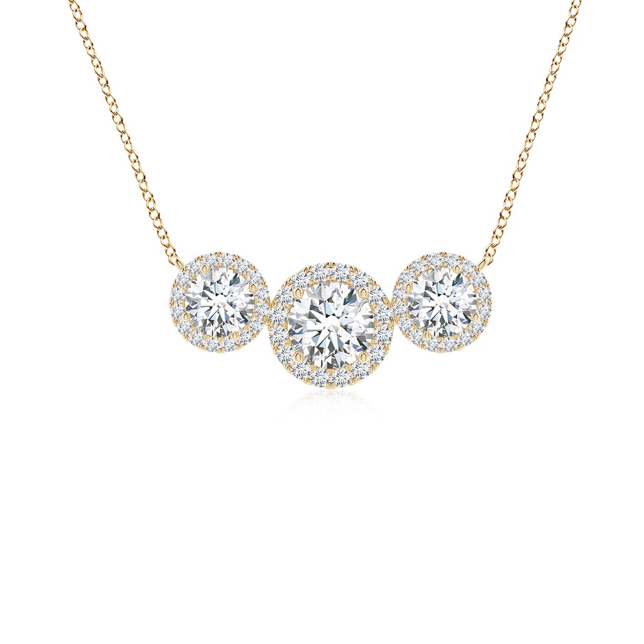 5mm GVS2 Three Stone Round Diamond Halo Pendant in Yellow Gold 