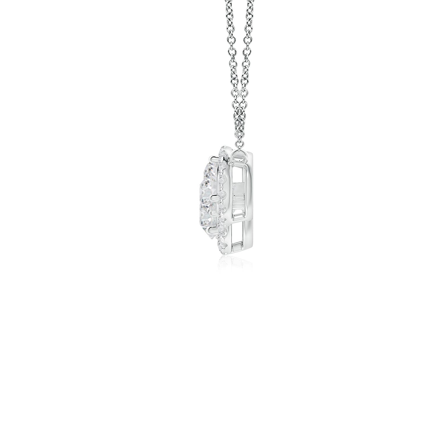 5mm HSI2 Three Stone Round Diamond Halo Pendant in 18K White Gold