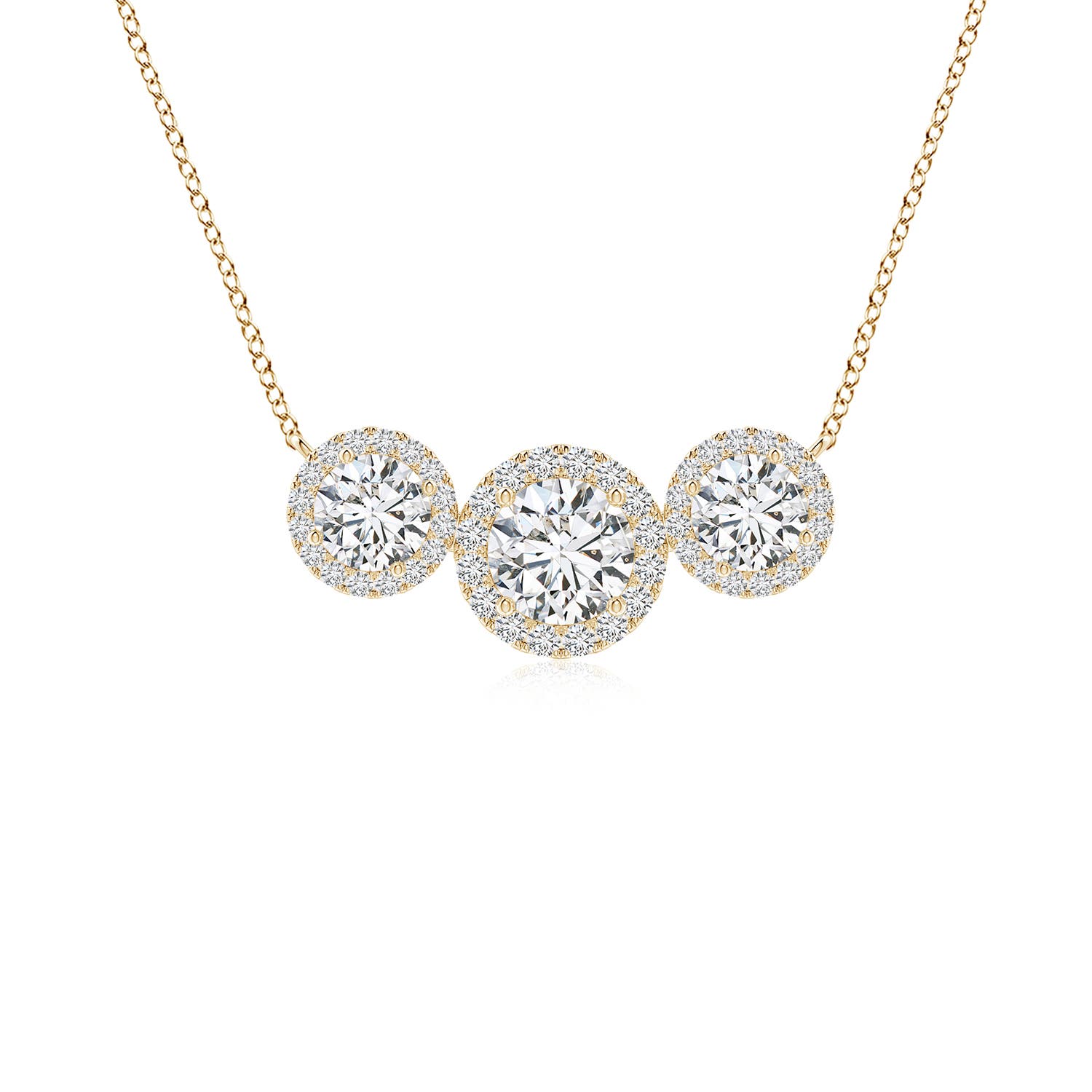 5mm HSI2 Three Stone Round Diamond Halo Pendant in 18K Yellow Gold
