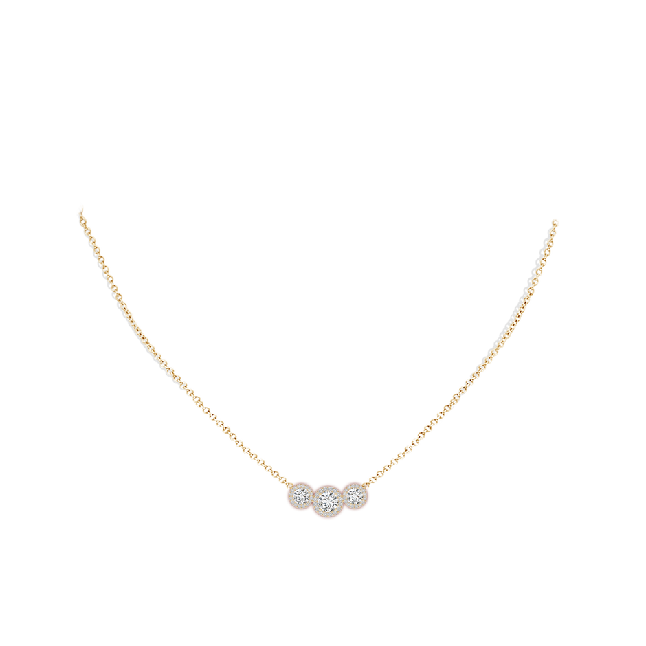 5mm HSI2 Three Stone Round Diamond Halo Pendant in Yellow Gold pen