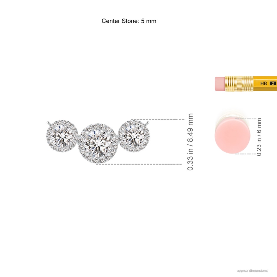 5mm IJI1I2 Three Stone Round Diamond Halo Pendant in White Gold ruler