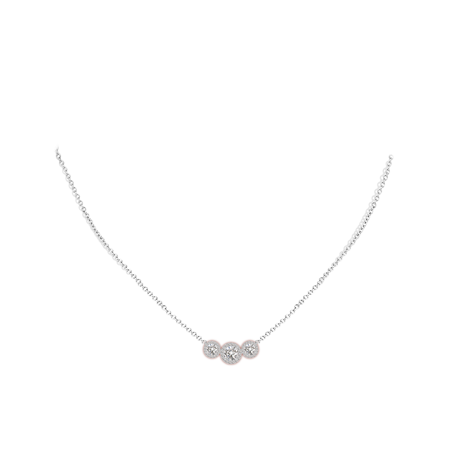 5mm IJI1I2 Three Stone Round Diamond Halo Pendant in White Gold pen