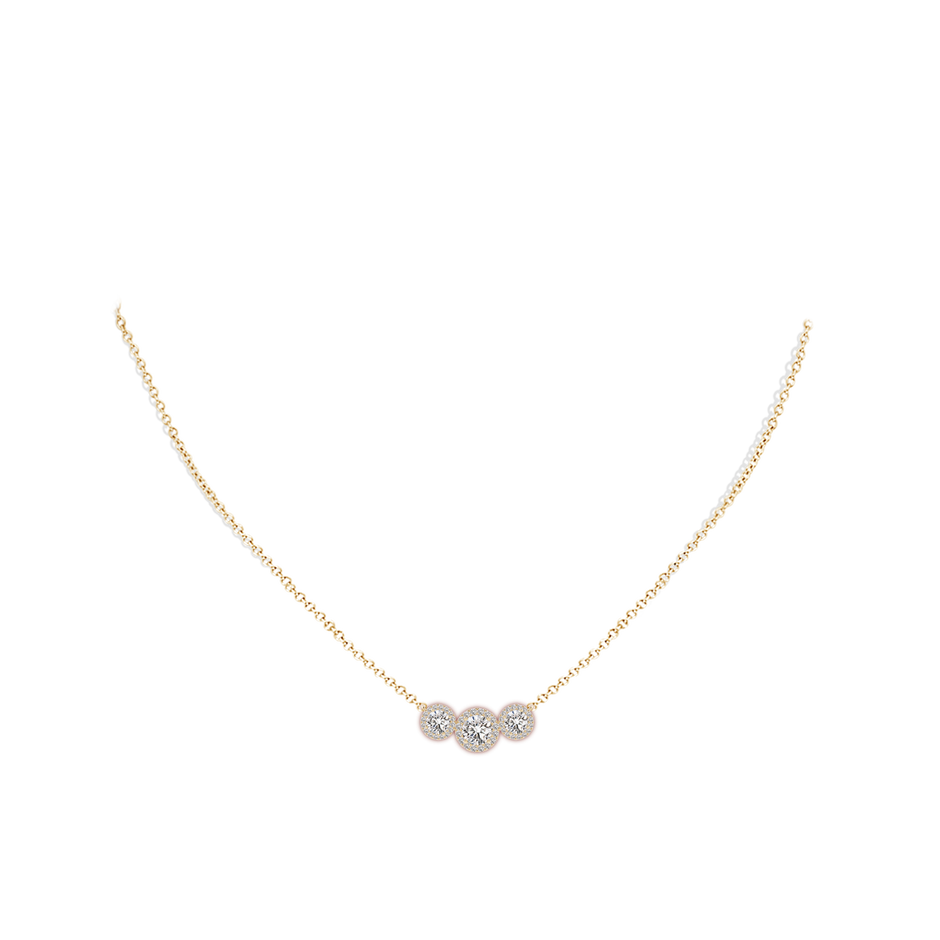 5mm IJI1I2 Three Stone Round Diamond Halo Pendant in Yellow Gold pen