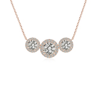 5mm KI3 Three Stone Round Diamond Halo Pendant in Rose Gold