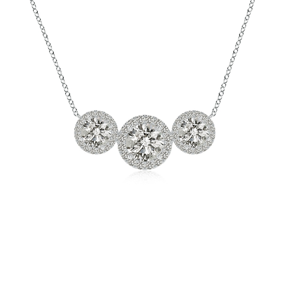 5mm KI3 Three Stone Round Diamond Halo Pendant in White Gold 