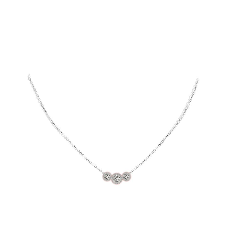 5mm KI3 Three Stone Round Diamond Halo Pendant in White Gold pen
