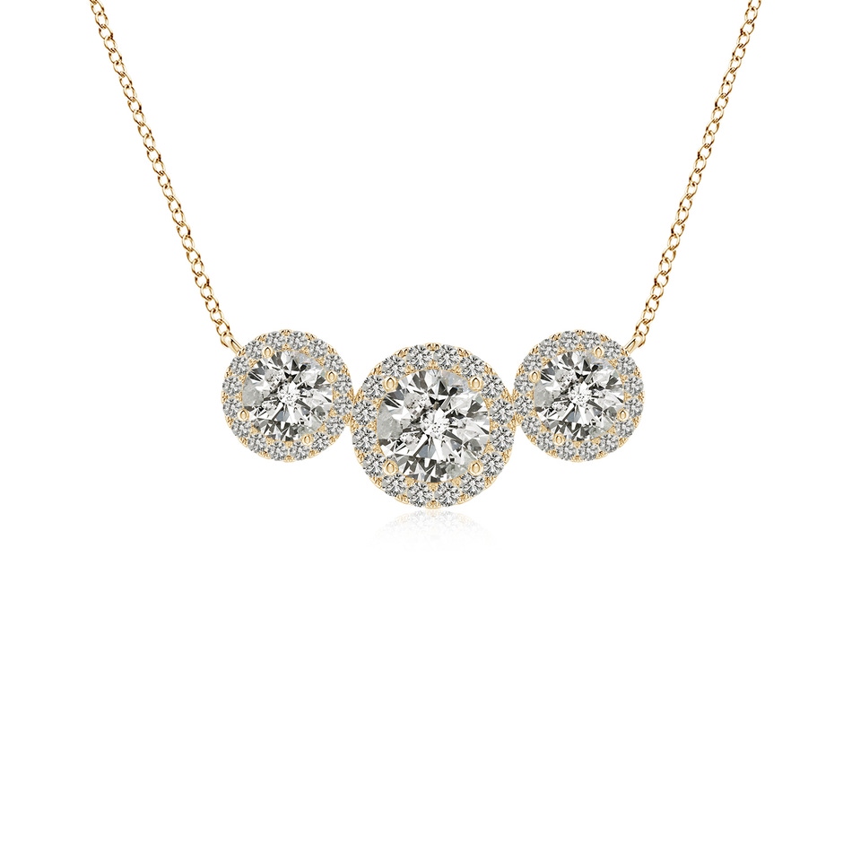 5mm KI3 Three Stone Round Diamond Halo Pendant in Yellow Gold 