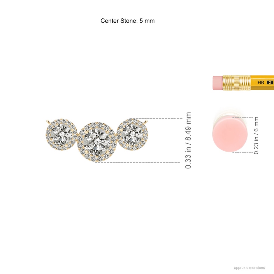 5mm KI3 Three Stone Round Diamond Halo Pendant in Yellow Gold ruler