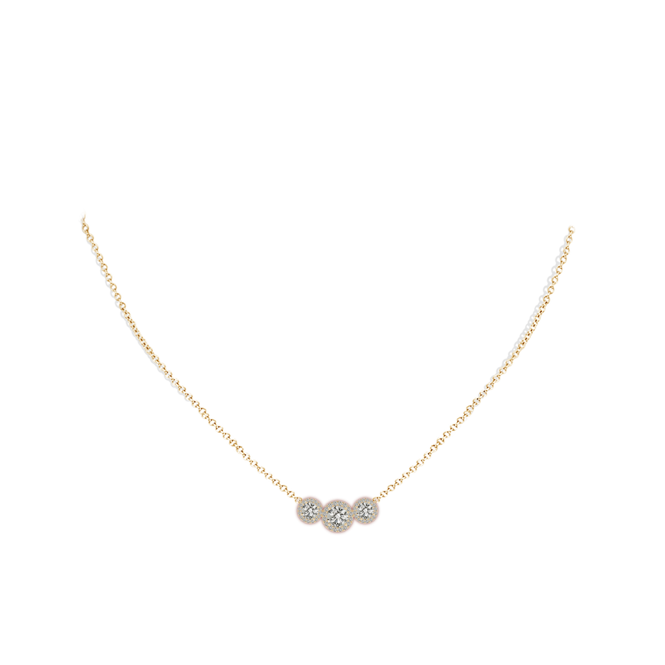 5mm KI3 Three Stone Round Diamond Halo Pendant in Yellow Gold pen