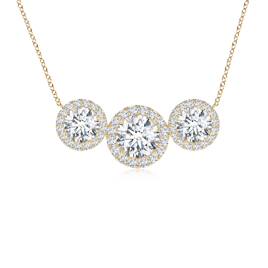 6mm GVS2 Three Stone Round Diamond Halo Pendant in Yellow Gold 