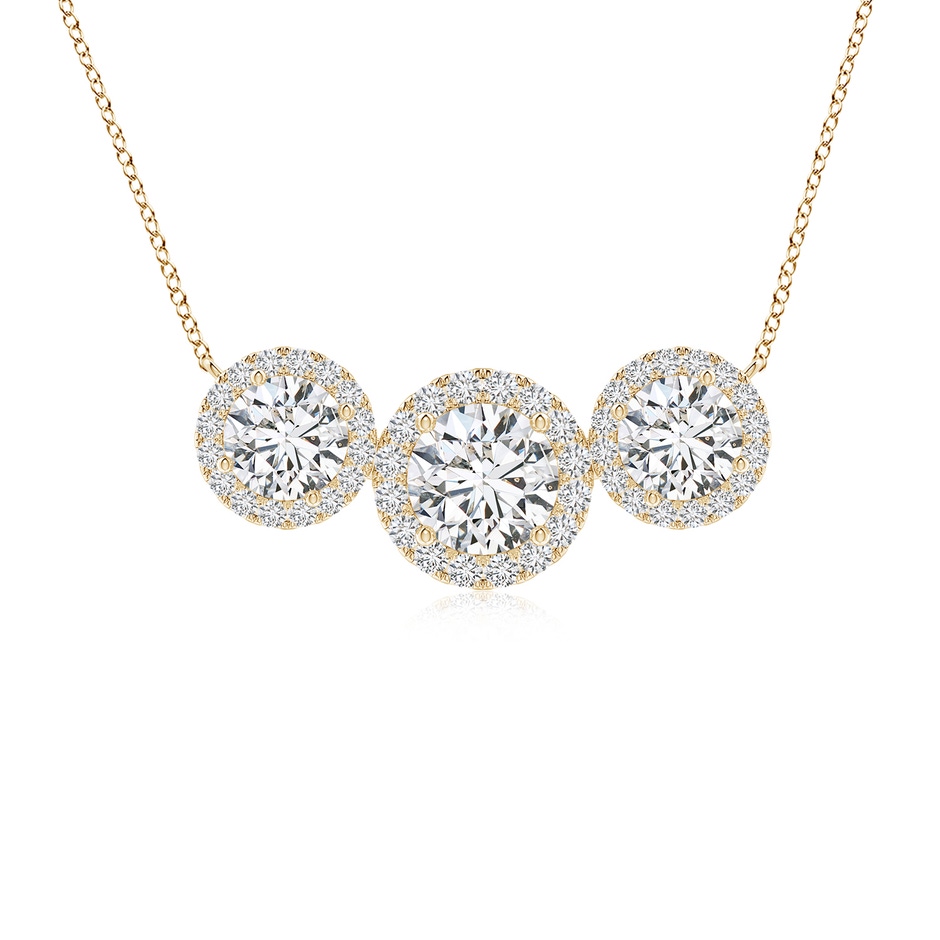 6mm HSI2 Three Stone Round Diamond Halo Pendant in Yellow Gold 