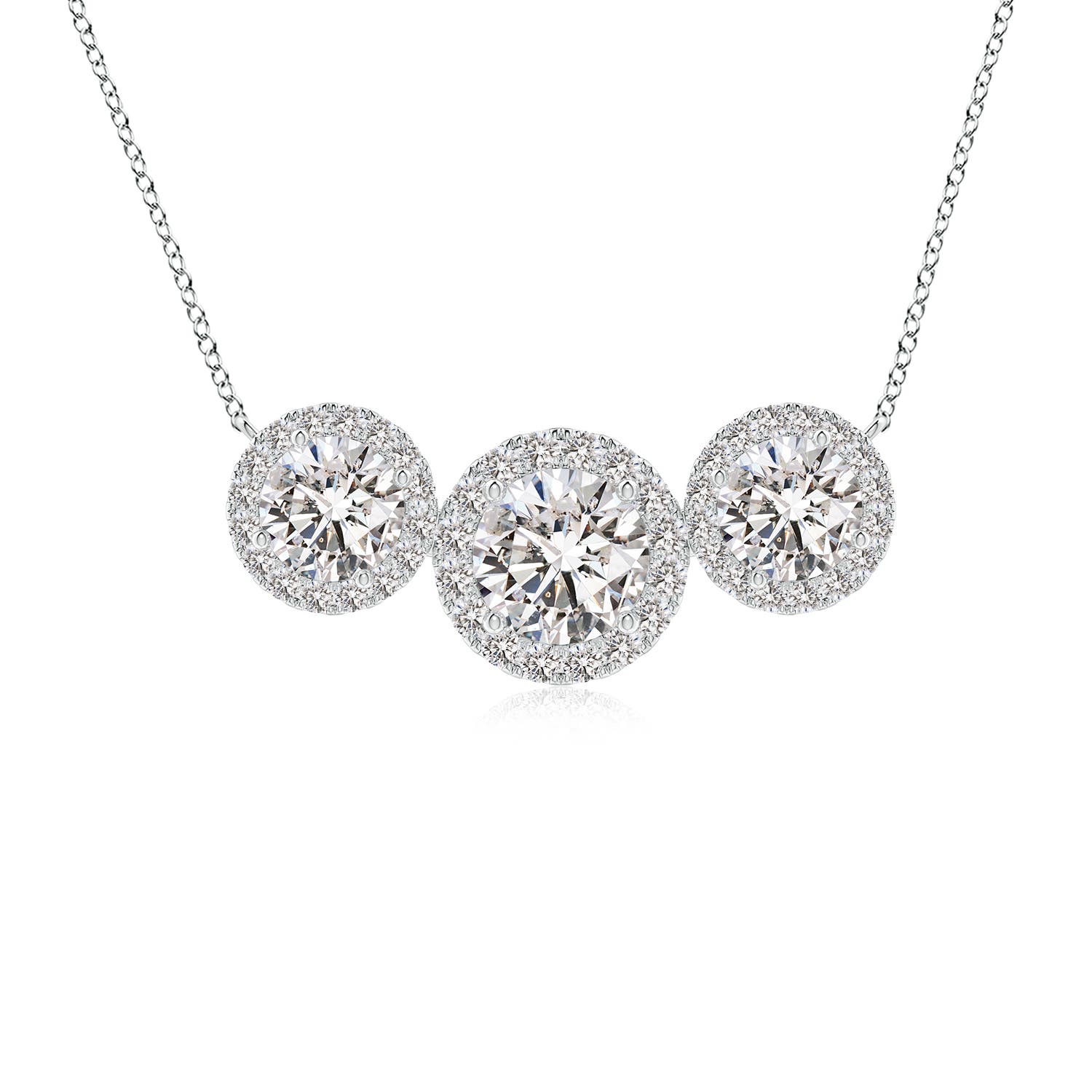 6mm IJI1I2 Three Stone Round Diamond Halo Pendant in White Gold