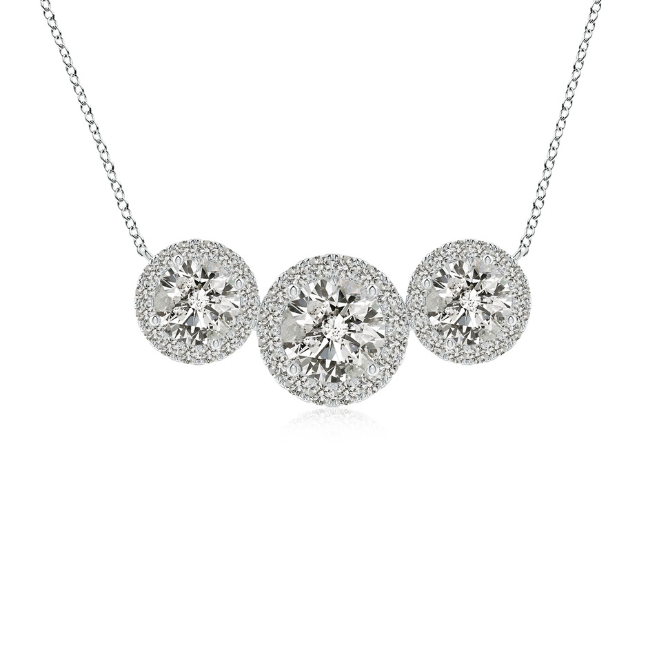 6mm KI3 Three Stone Round Diamond Halo Pendant in White Gold 