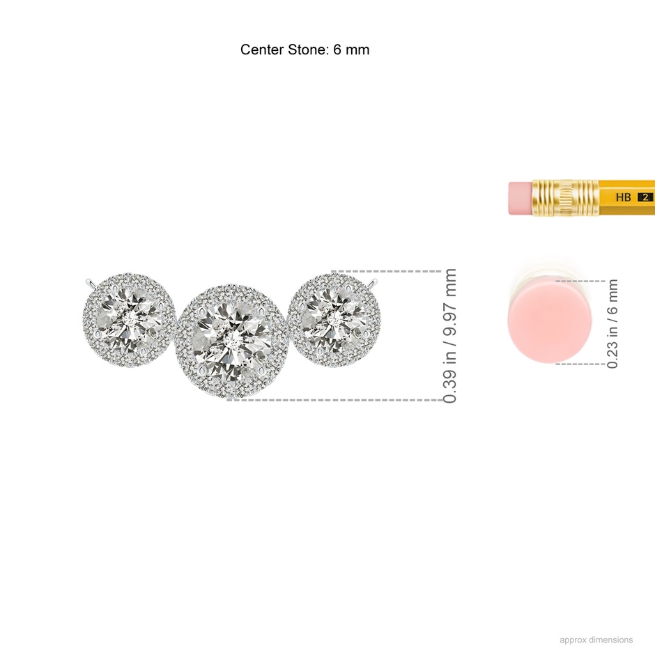 6mm KI3 Three Stone Round Diamond Halo Pendant in White Gold ruler