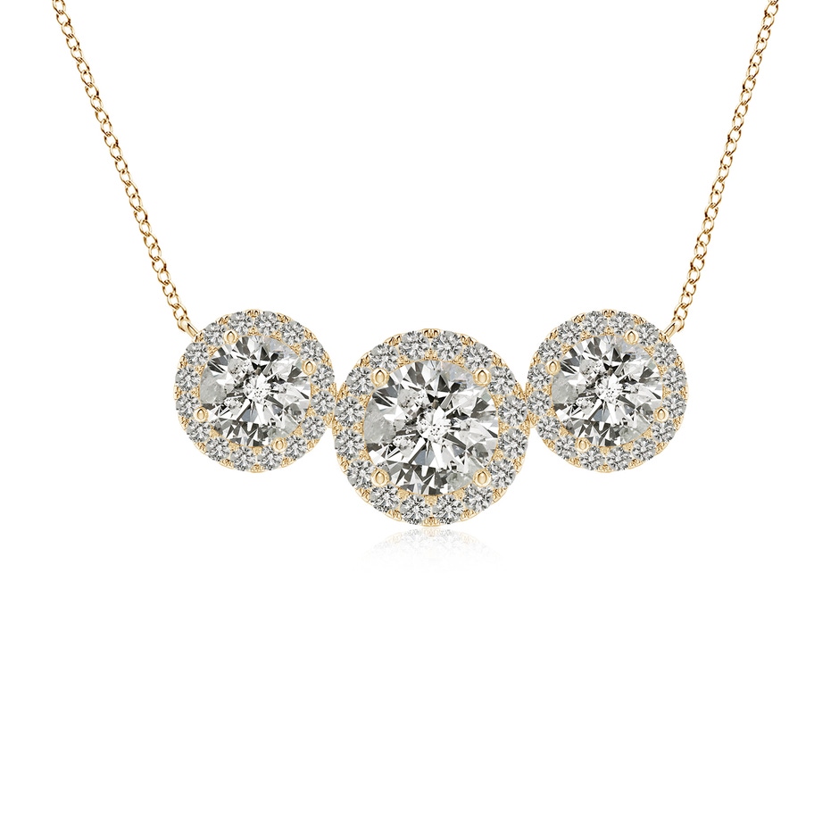 6mm KI3 Three Stone Round Diamond Halo Pendant in Yellow Gold 