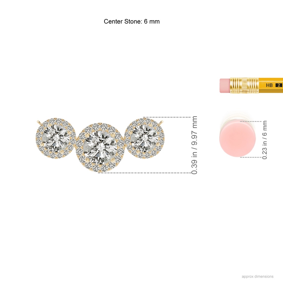 6mm KI3 Three Stone Round Diamond Halo Pendant in Yellow Gold ruler