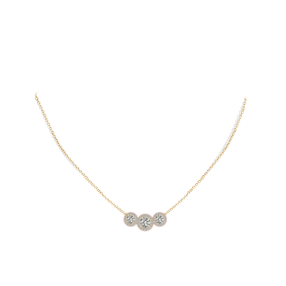 6mm KI3 Three Stone Round Diamond Halo Pendant in Yellow Gold pen