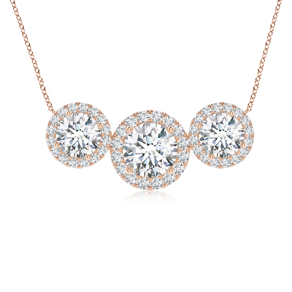 7mm GVS2 Three Stone Round Diamond Halo Pendant in Rose Gold 