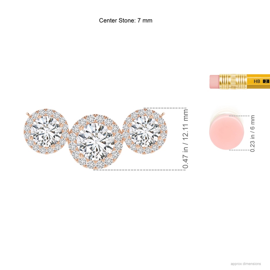 7mm HSI2 Three Stone Round Diamond Halo Pendant in Rose Gold ruler