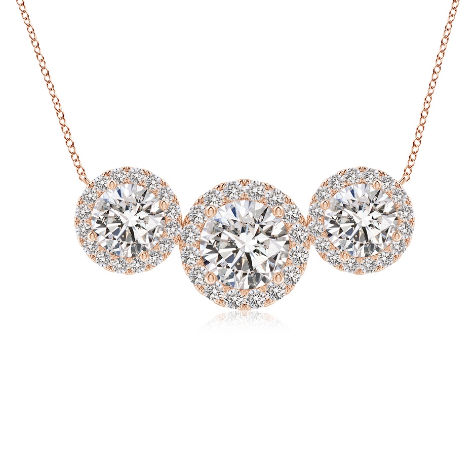 7mm IJI1I2 Three Stone Round Diamond Halo Pendant in Rose Gold 