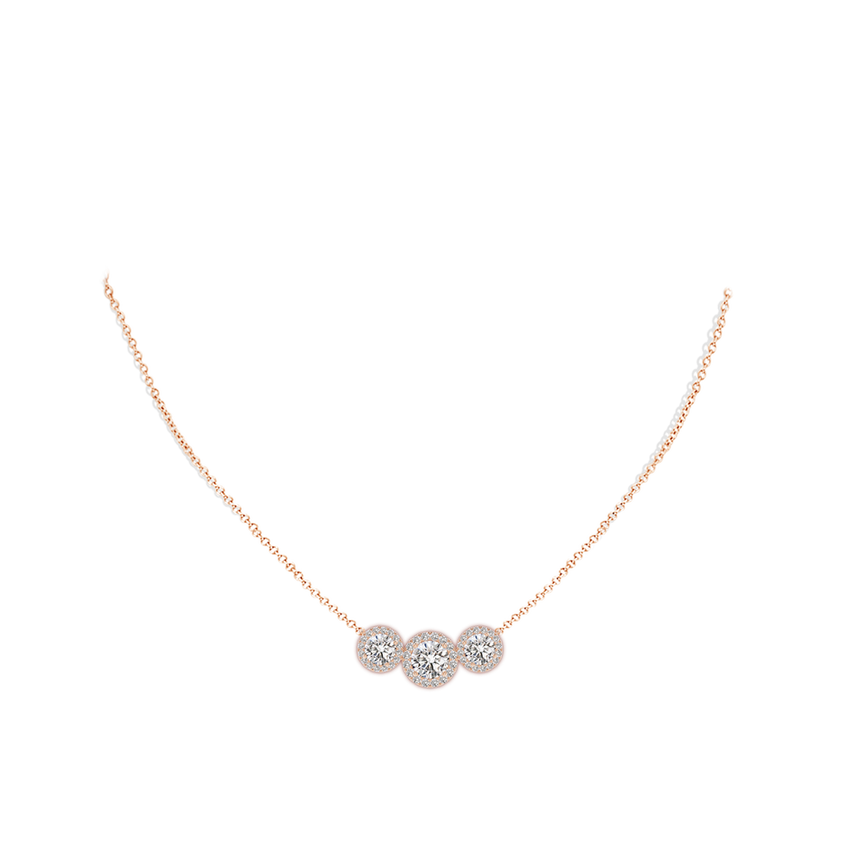 7mm IJI1I2 Three Stone Round Diamond Halo Pendant in Rose Gold pen