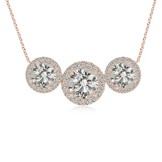 7mm KI3 Three Stone Round Diamond Halo Pendant in 9K Rose Gold