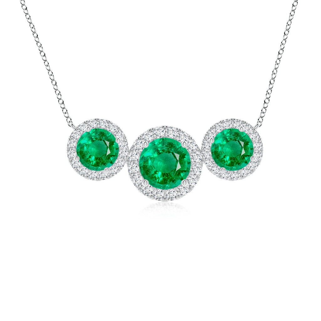 6mm AAA Three Stone Round Emerald Halo Pendant in White Gold