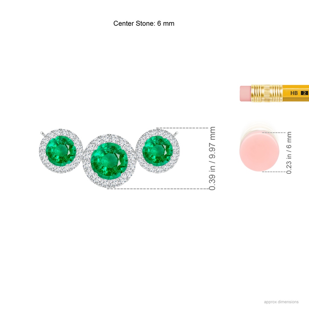 6mm AAA Three Stone Round Emerald Halo Pendant in White Gold ruler