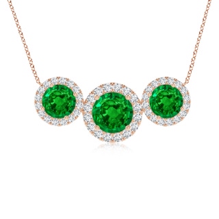 7mm AAAA Three Stone Round Emerald Halo Pendant in 18K Rose Gold