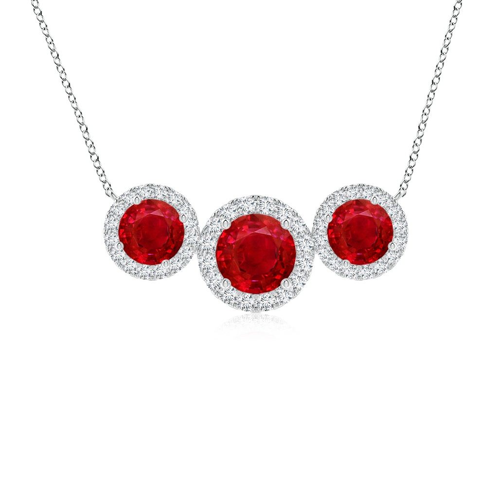 6mm AAA Three Stone Round Ruby Halo Pendant in White Gold