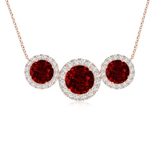 7mm AAAA Three Stone Round Ruby Halo Pendant in 18K Rose Gold