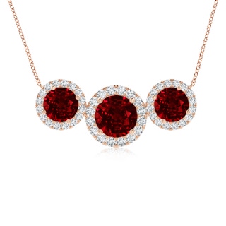 7mm AAAA Three Stone Round Ruby Halo Pendant in Rose Gold