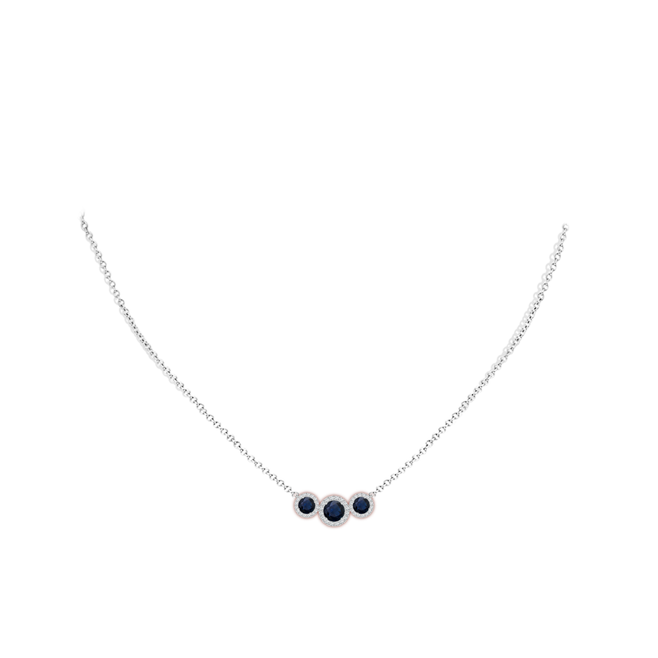 5mm A Three Stone Round Blue Sapphire Halo Pendant in P950 Platinum pen
