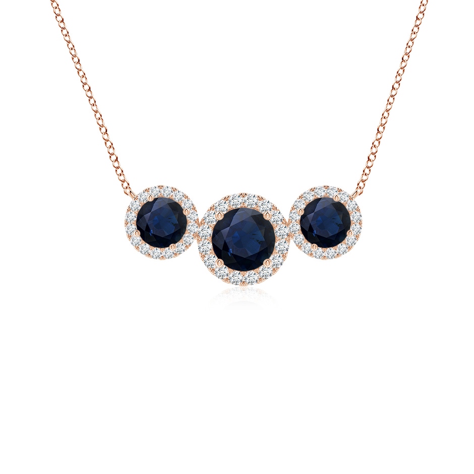 5mm A Three Stone Round Blue Sapphire Halo Pendant in Rose Gold 