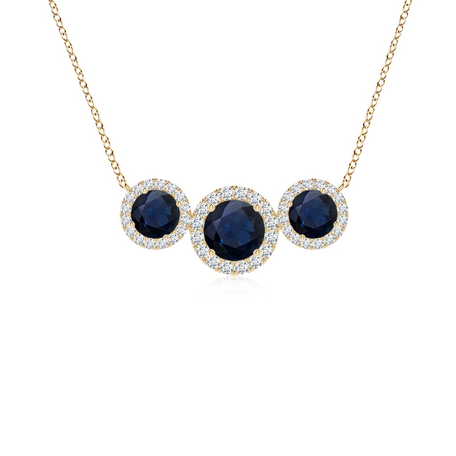 5mm A Three Stone Round Blue Sapphire Halo Pendant in Yellow Gold 