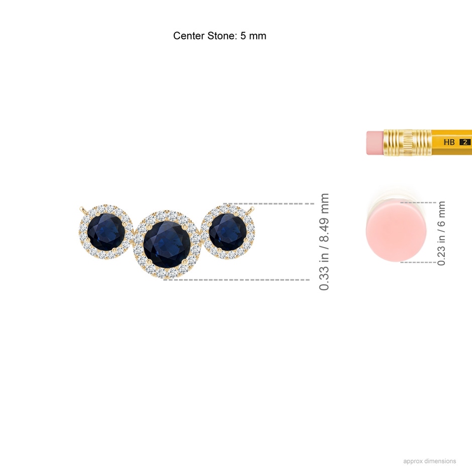 5mm A Three Stone Round Blue Sapphire Halo Pendant in Yellow Gold ruler