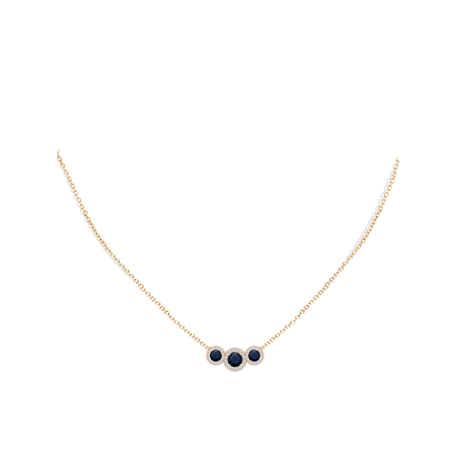 5mm A Three Stone Round Blue Sapphire Halo Pendant in Yellow Gold pen