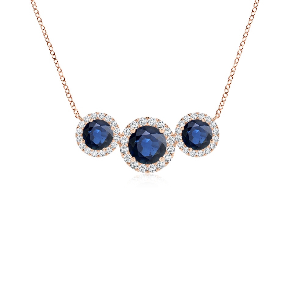 5mm AA Three Stone Round Blue Sapphire Halo Pendant in Rose Gold 