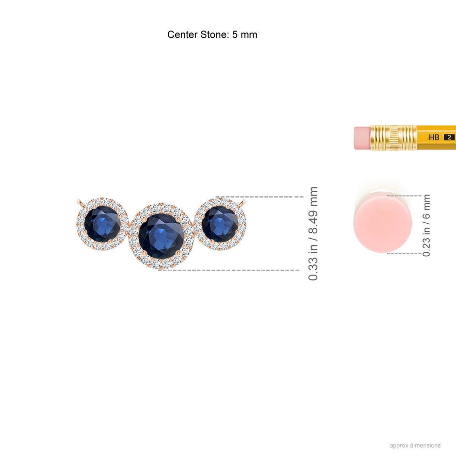5mm AA Three Stone Round Blue Sapphire Halo Pendant in Rose Gold ruler